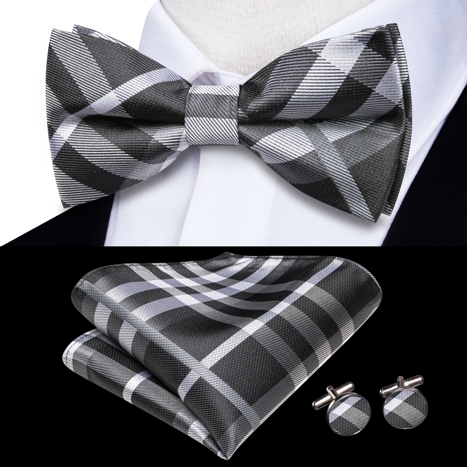 Hi-Tie Grey Plaid Jacquard Sil – Bow Tie Pre Tied recenzja i cena